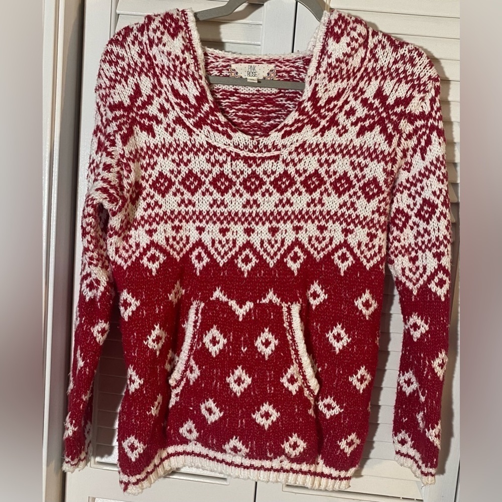 Pink Rose Sweater Sz XS Red and White Hoodie Kangaroo Pocket Slit Hem